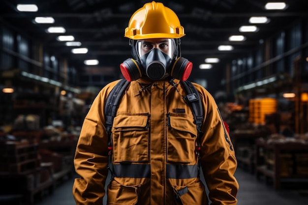 Foto individuo adornato con dispositivi di sicurezza che garantiscono la sicurezza sul posto di lavoro ia generativa