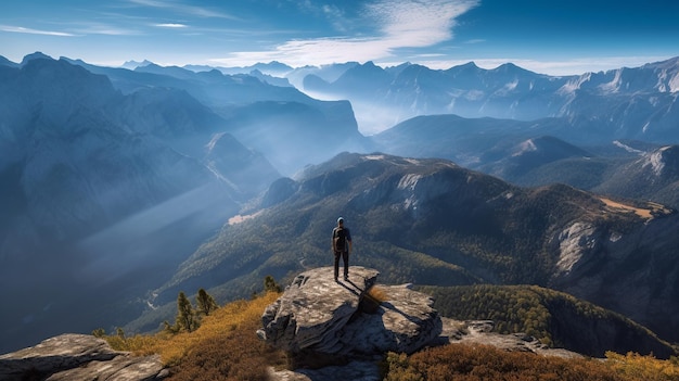 Individual ascending a mountain with a sprawling valley view below