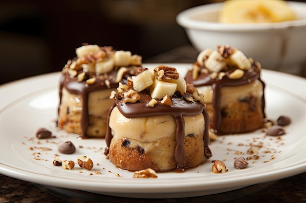 Individual banana cakes garnished with chocolate and walnuts