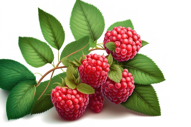 Individual berry a bunch of raspberries with leaves and a clipping trail isolated on a white background