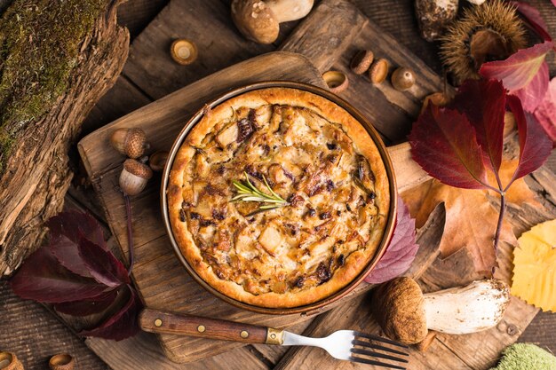 Individual chicken mushroom pot pie with puff pastry crust. top\
view