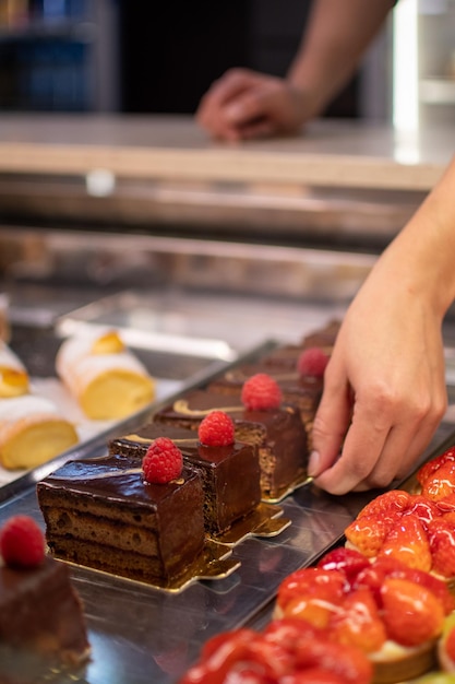 Individual chocolate cake in a beautiful bakery