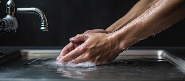 Individual cleaning hands in basin