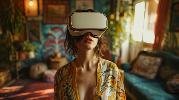 An individual donning a VR headset in an eclectic bohemian living room