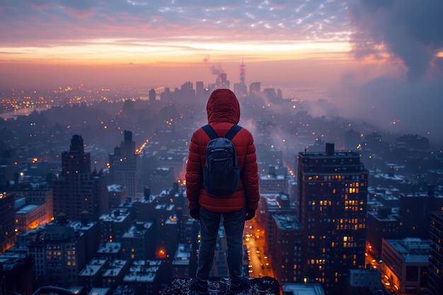 Photo individual gazing over urban cityscape from a high vantage point