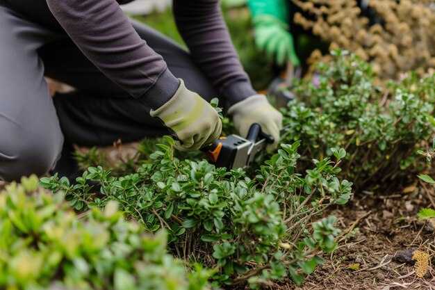 Photo individual kneeling to prune lowlying shrubbery with a hand pruner