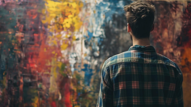 Individual looking at a colorful abstract painting