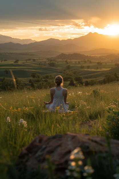 Photo individual meditating in a lotus position on a mountain at sunset surrounded by the warm glow of the sun
