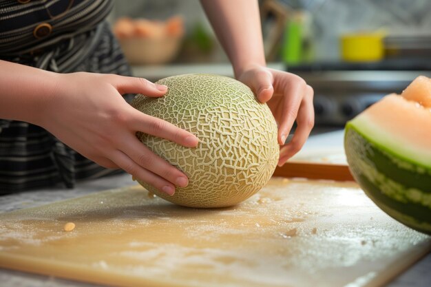 Photo individual selecting a ripe melon by knocking on it