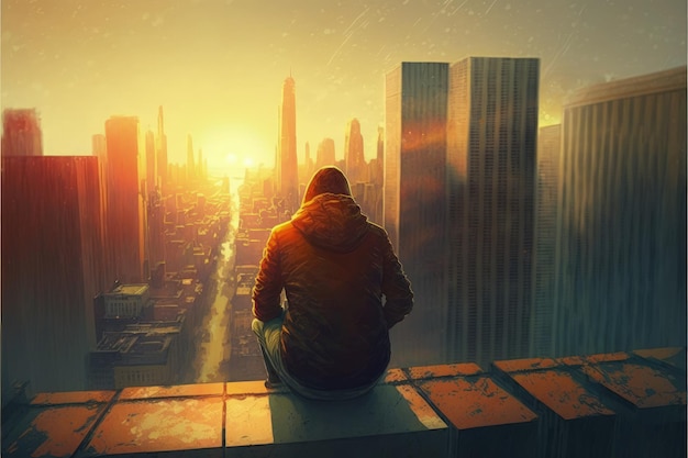 Individual sitting atop city rooftop and watching sunrise Fantasy concept Illustration painting Generative AI