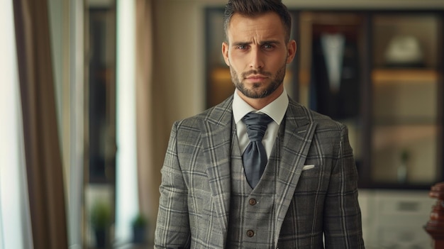 An individual in a slate gray suit on a background of ivory