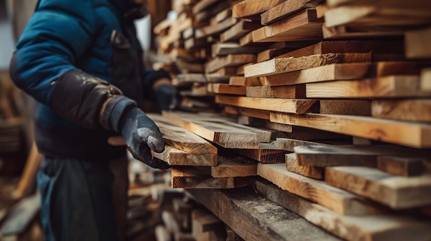 Individual stacking freshly cut wood planks in a storage shed Sawmill production of boards from wood drying of boards