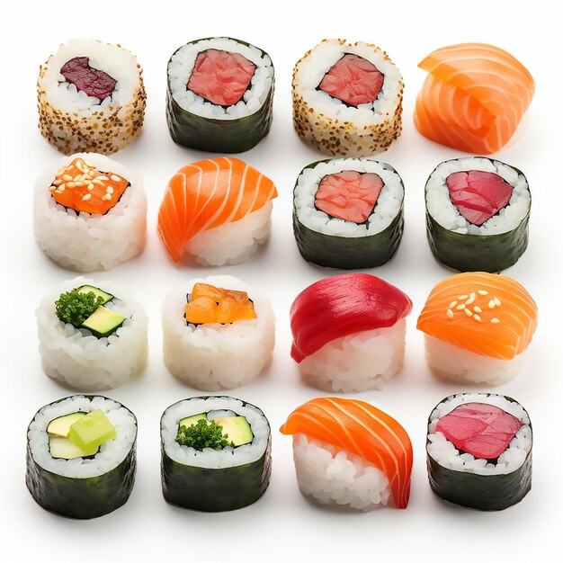 Photo individual sushi varied background white