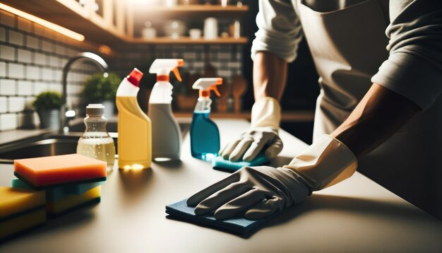 Photo an individual wearing gloves thoroughly cleaning a kitchen counter