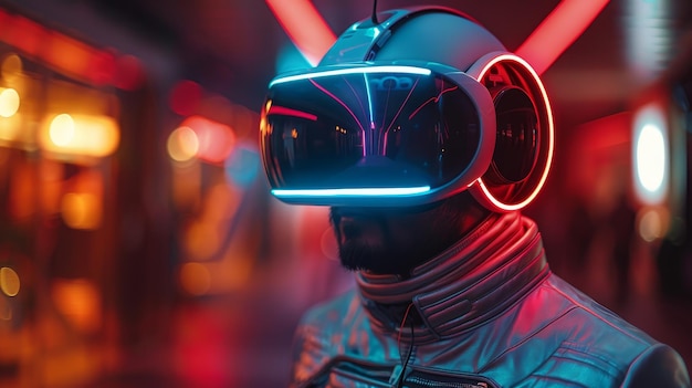 An individual wearing a VR AR headset in virtual reality simulation in metaverse in a cyberpunk style suit Concept of metaverse world Video gamer in cyberspace Entertainment using digital