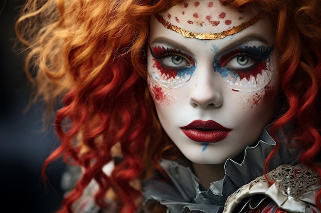 An individual with fiery red hair and whimsical clown makeup