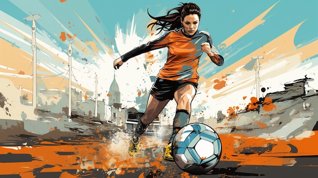 カントリージャージのカラフルな背景の女性サッカー選手のイラスト