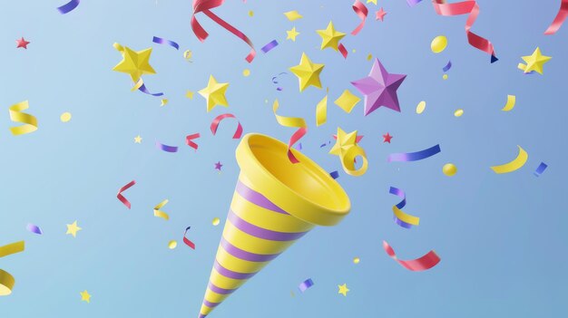 Индивидуальный желтый пластиковый парти-поппер с летающими бумажными конфетти-звездами и декоративными элементами для поздравления с днем рождения или победителя39s Реалистичная 3D-современная иллюстрация
