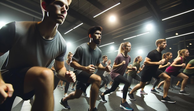 Individuals in a gym following an instructor's lead during a group exercise session