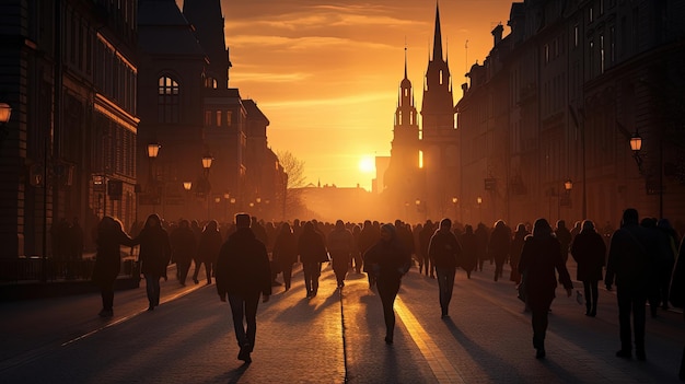 Individuals strolling in Prague during sundown silhouette concept