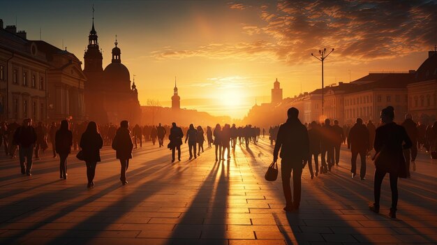 Individuals strolling in Prague during sundown silhouette concept