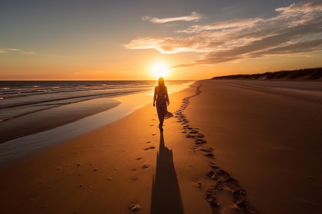 Individueel wandelen naar de zonsondergang op een strand dat eenzaamheid vastlegt