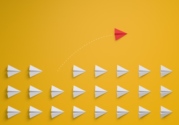 Individuele en unieke leider rood papieren vliegtuigje dat van richting verandert op gele achtergrond. Individualiteit concept. Denk anders. 3D-rendering.