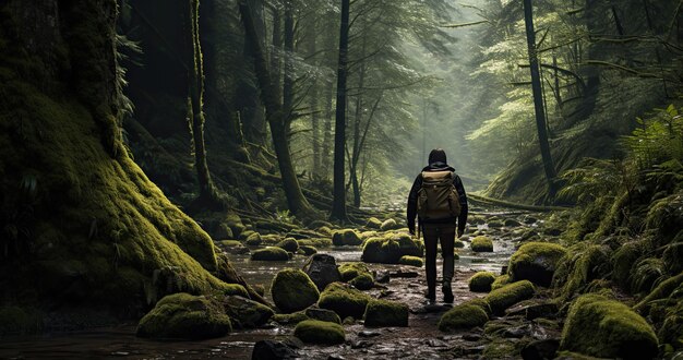 individuele ontsnapping in het bos een man die zich afvraagt in het bos