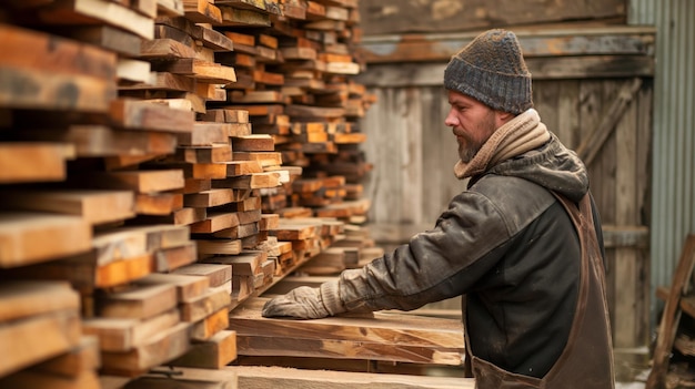 Individuele stapeling van vers gesneden houten planken in een opslagruimte Zagerij productie van planken uit hout droging van planken