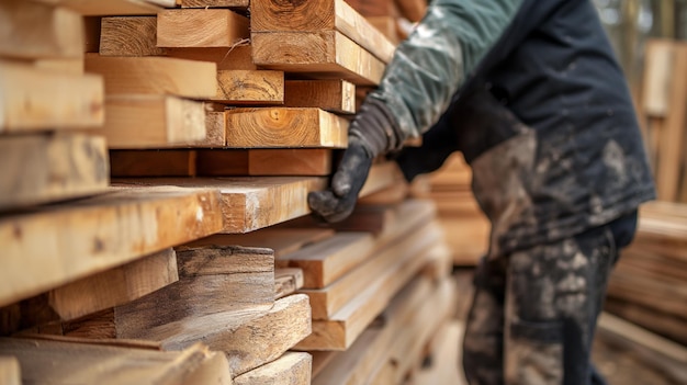 Individuele stapeling van vers gesneden houten planken in een opslagruimte Zagerij productie van planken uit hout droging van planken