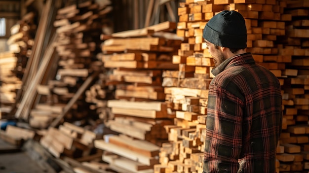 Individuele stapeling van vers gesneden houten planken in een opslagruimte Zagerij productie van planken uit hout droging van planken