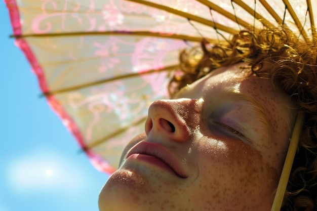 Foto individuele vermijding van blootstelling aan de zon op het gezicht met behulp van een parasol vanwege rosacea