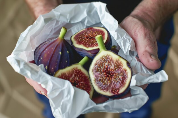 Foto individuele verpakking van rijpe vijgen in beschermend papier