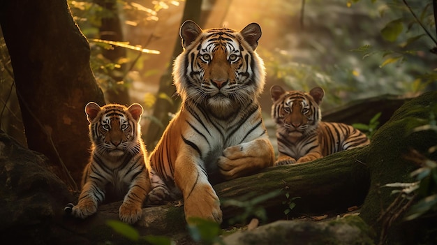 Indochinese Tigers Mother and Cubs