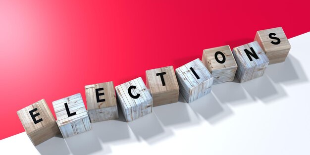 Indonesia elections concept wooden blocks and country flag 3D illustration