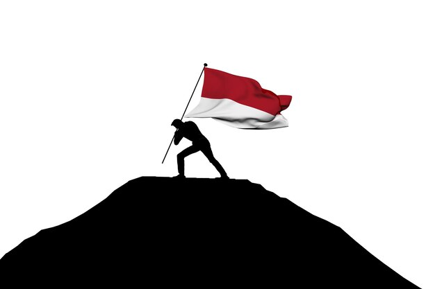 Indonesia flag being pushed into mountain top by a male silhouette 3D Rendering