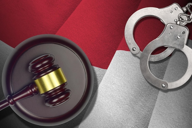 Indonesia flag with judge mallet and handcuffs in dark room Concept of criminal and punishment background for judgement topics