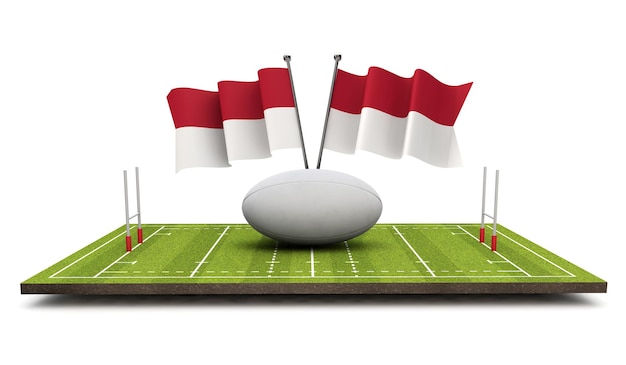 Indonesia flags with a rugby ball and pitch 3D Rendering