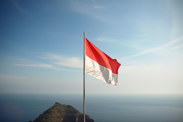 Национальный флаг Индонезии развевается в голубом небе на фоне океана Красно-белый флаг