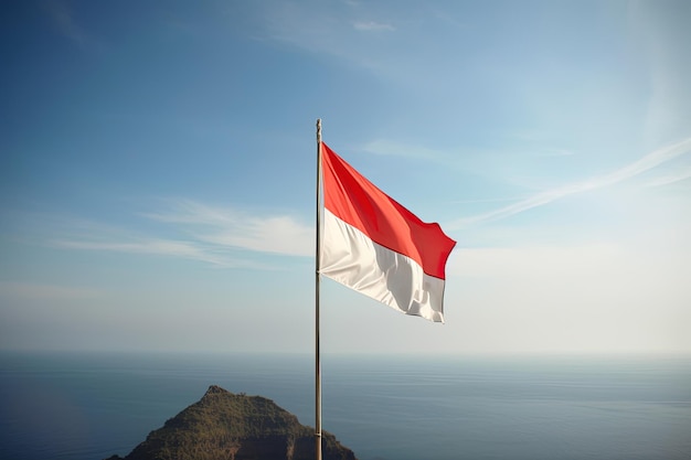 Indonesia national flag waving in the blue sky on the ocean background Red and white flag