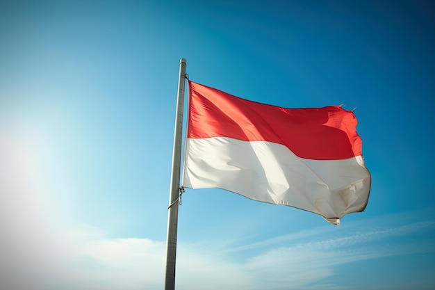 Indonesia national flag waving in blue sky Red and white flag with clouds