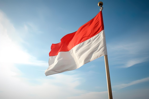 Indonesia national flag waving in blue sky Red and white flag with clouds