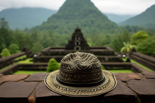 Photo indonesian blangkon hat mockup in borobudur