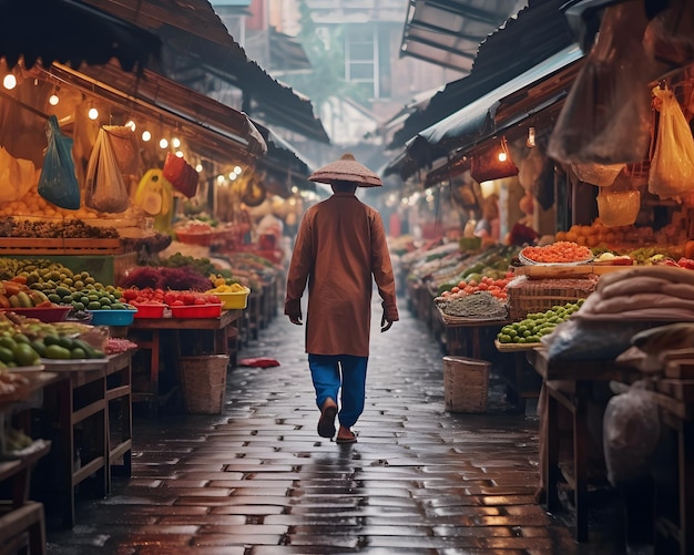 An Indonesian businessman is seen from behind in a traditional bazaar Generative AI