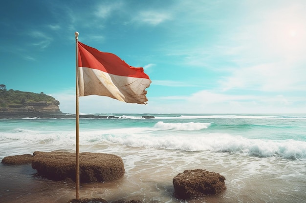 Индонезийский флаг развевается на фоне бирюзовых вод