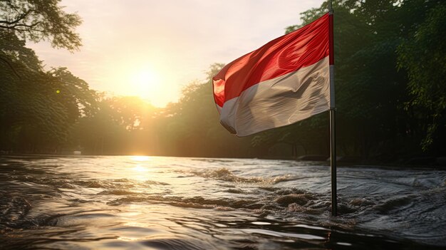 Photo indonesian flag fluttering by the river under the gentle sunshine independence day generated by ai