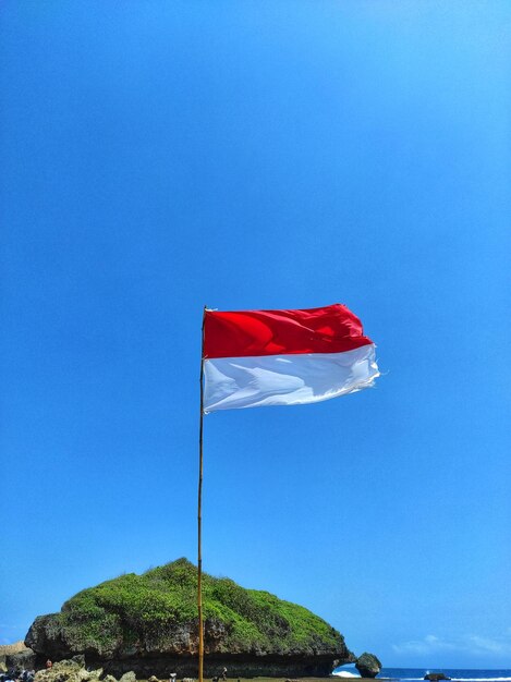 The indonesian flag flutters against a coral background on the coast