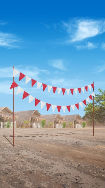 Indonesian flag hanging with ropes with blue sky background