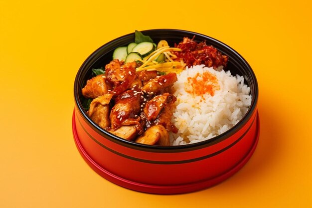 Indonesian food chicken rice tempe vegetables and chili sauce in a container with a yellow