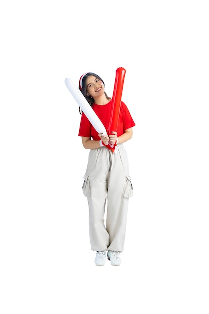 Indonesian girl supporting Indonesian team when competing isolated over white background